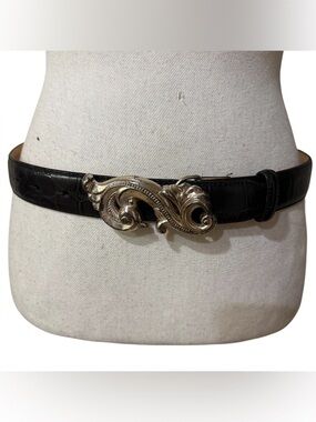 Vtg 1995 Brighton Belt Women's Medium Black Croc Leather Silver Swirl Buckle